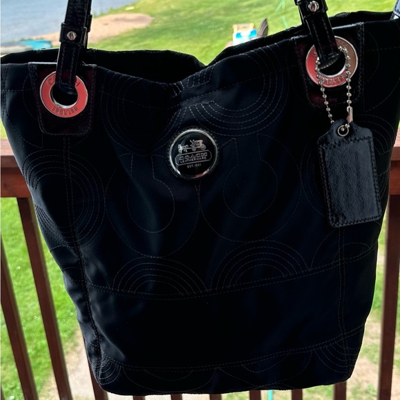 Coach black sateen cloth tote , patent leather trim. - Picture 1 of 12